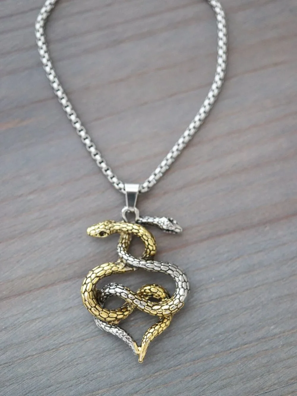 Snake Double Style Pendant Necklace 2-Tone Stainless Steel